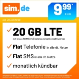 Handytarif sim.de z.B. LTE All 20 GB – (Flat Internet 20 GB LTE, Flat Telefonie, Flat SMS und Flat EU-Ausland, 9,99 Euro/Monat, monatlich kündbar) oder andere Tarife