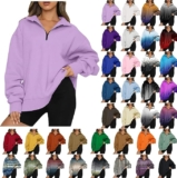 RWIOKS Frauen Damen Lässige Mode Langarm einfarbiges Blumenmuster Oversize Reißverschluss Hoodie Sweatshirt Tops