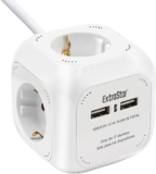 EXTRASTAR DE-Typ Power Cube 4-Fach Steckdosenwürfel mit 2 USB-Anschlüssen (5V/2.1A), 1.5M Kabel Power Würfel/Steckdosenblock/Mehrfachsteckdose/Steckdosen mit Kinderschutz – Weiß