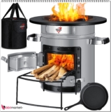 KESSER® Raketenofen Inkl. Grillpfanne aus Gusseisen mit Tragetasche Dutch Oven BBQ Rakete Holzofen Camping Campingkocher Campinggrill Edelstahl Grey