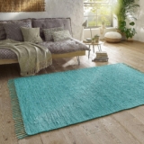 Taracarpet Handwebteppich Läufer Fleckerl Teppich Uni waschbar aus Baumwolle für Wohnzimmer und Küchenteppich 070×140 cm türkis
